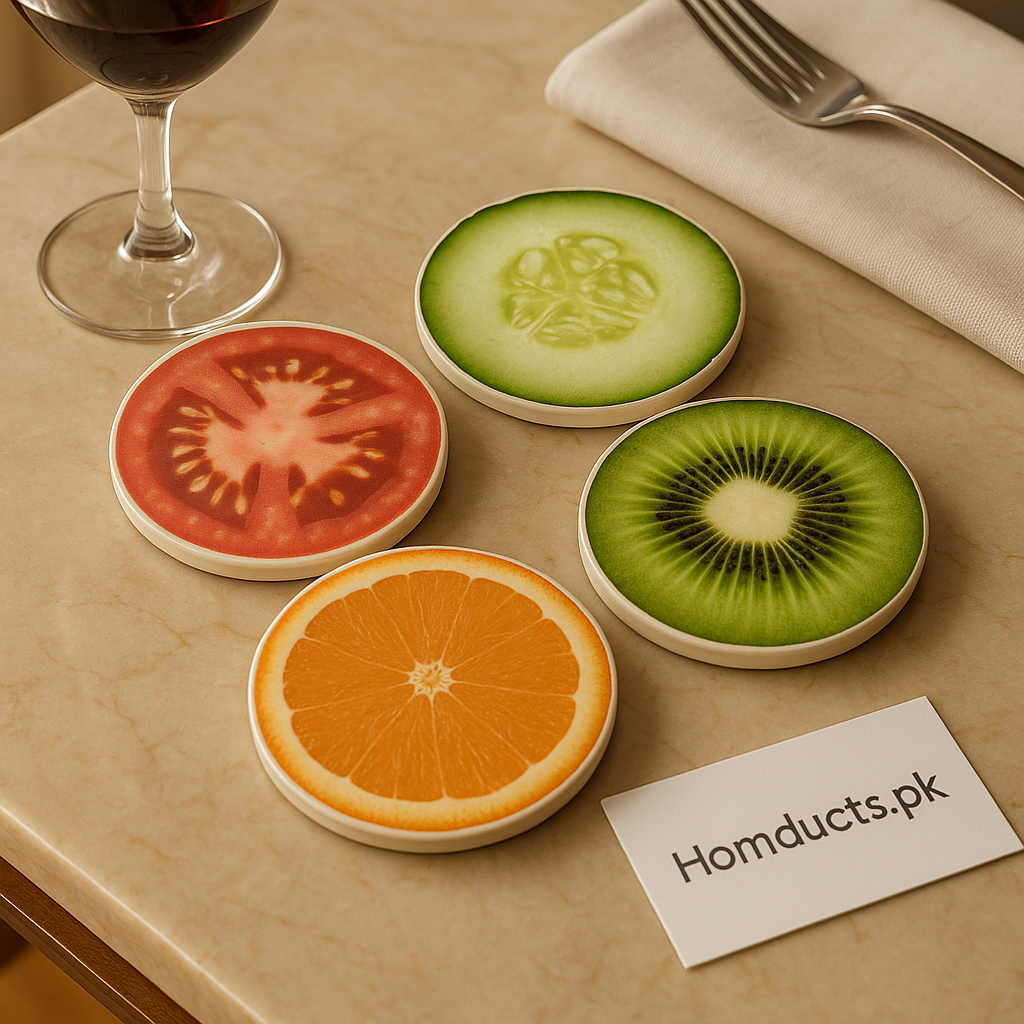 4-Piece Fruit Slice Coaster Set – Tomato, Cucumber, Orange & Kiwi Design