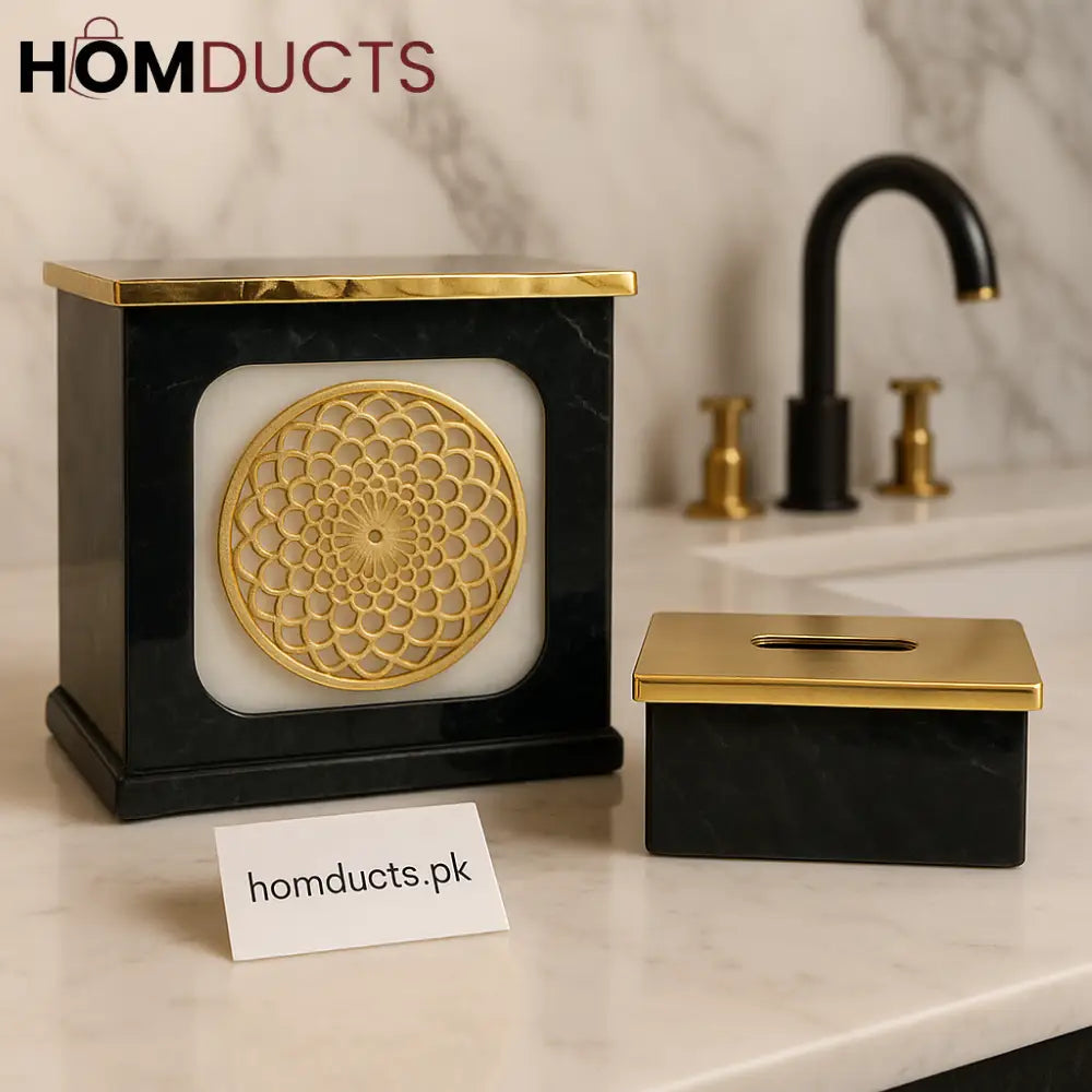 Black & Gold Luxe Marble Tissue Box & Dustbin Set – Premium Bathroom Accessories