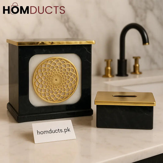 Black & Gold Luxe Marble Tissue Box & Dustbin Set – Premium Bathroom Accessories